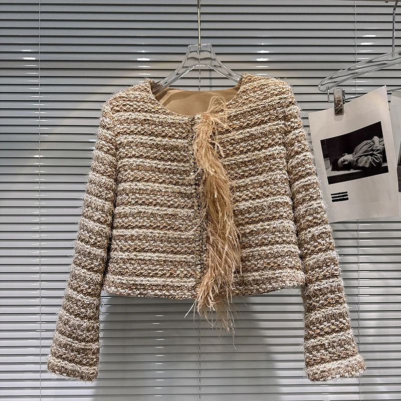 

Women Autumn Winter New Feather-edged Tweed Beade Down Liner Trendy Coat French Style High-end Round Neck Elegant Short Coat