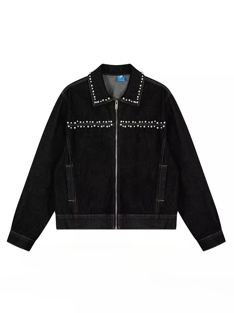 Men Women 2025 Autumn New Loose Versatile Denim Coats Handsome Trendy Jackets American Style Retro Beaded Design Denim Jackets