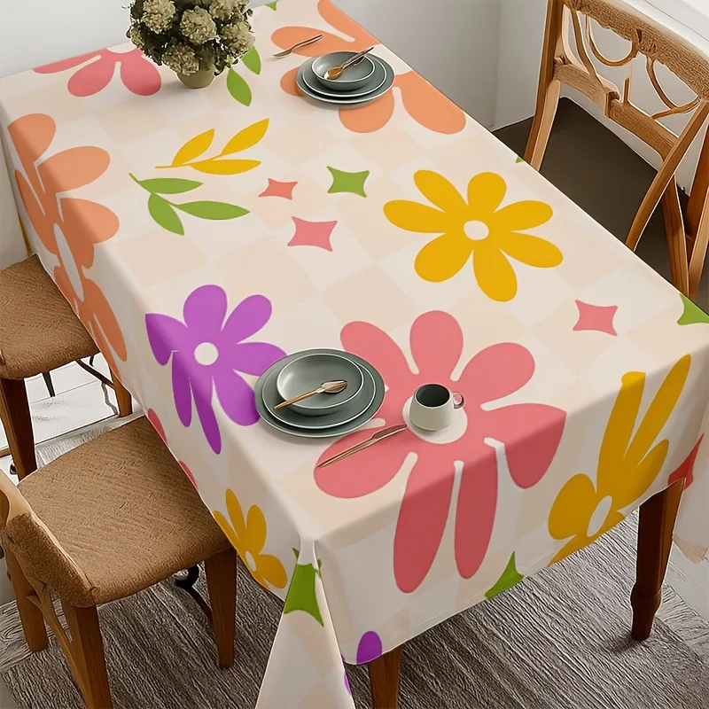 Colorful Floral Tablecloth, Cream Checkered Base With Bright Big Flower Print,Rectangular Table Cover for Dining Room Home Decor
