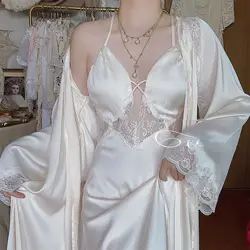 Kadın tatlı Vintage ipeksi cilt dostu gecelik seksi dantel v yaka gecelik pijama fransız mahkemesi tarzı ev Loungewear