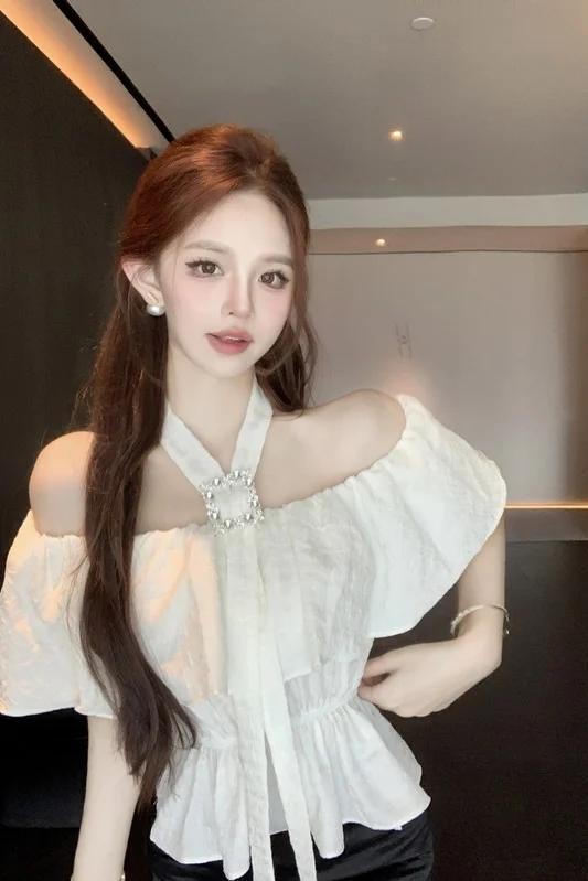

Women French Halter Neck Off Shoulder Blouse Summer Ruffle Tie Waist Slimming Chic Short Sleeve Shirt Female Fashion Cropped Top
