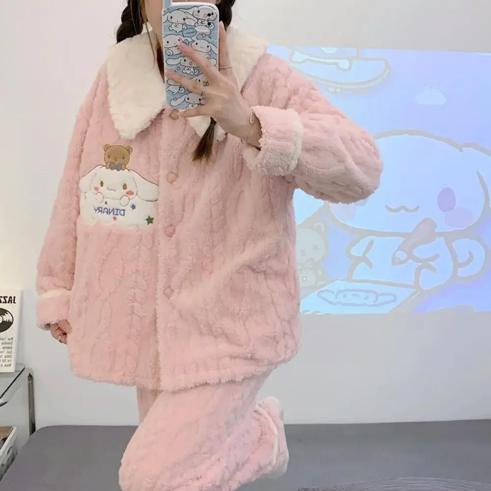 Kawaii Sanrioed Cinnamoroll Women\'s Pajama Set Anime Cute Coral Velvet Long Sleeve Thicken Warm Nightwear Autumn Winter Homewear