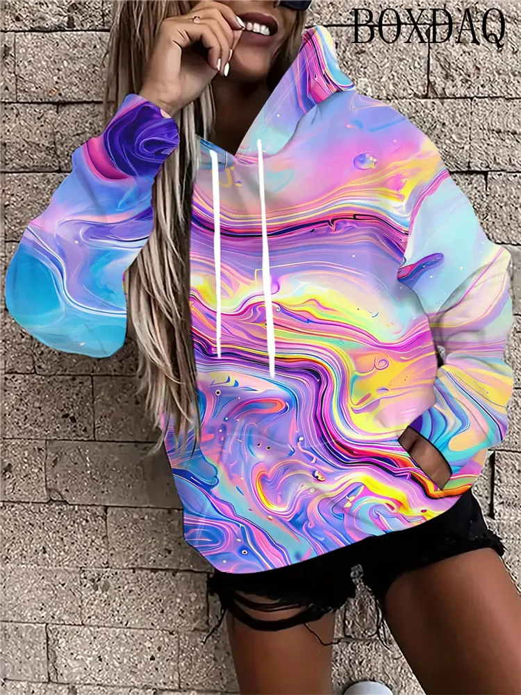 Women's Autumn Winter Casual Drawstring Sweatshirt Tie Dye Pattern 3D Print Hoodies Long Sleeved Pocket Hooded Woman Coat