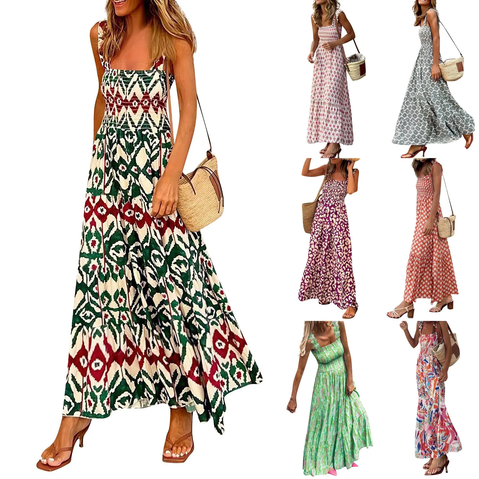 ชุดเดรสหรูหราของผู้หญิงชุดเดรสแขนกุดเอวสูงพิมพ์ลายชนเผ่าชุดเดรสลำลองสไตล์วันหยุดพริ้ว