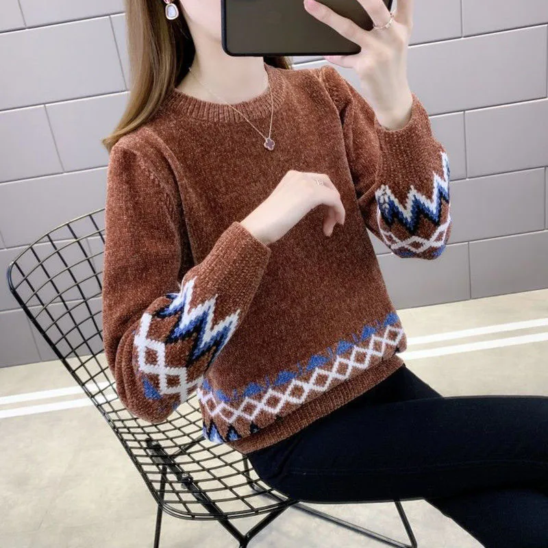 New Autumn/Winter Fashion Trend Thread Jacquard Round Neck Plush Loose Versatile Commuter Women\'s Knitted Long Sleeve Sweater