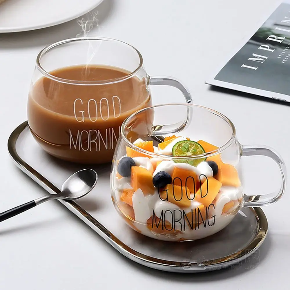 Cute Unique Juice Milk with Handle Breakfast Kitchen Tea Cup Coffee Mug Good Morning Cup Glass Cup Dinking Glasses