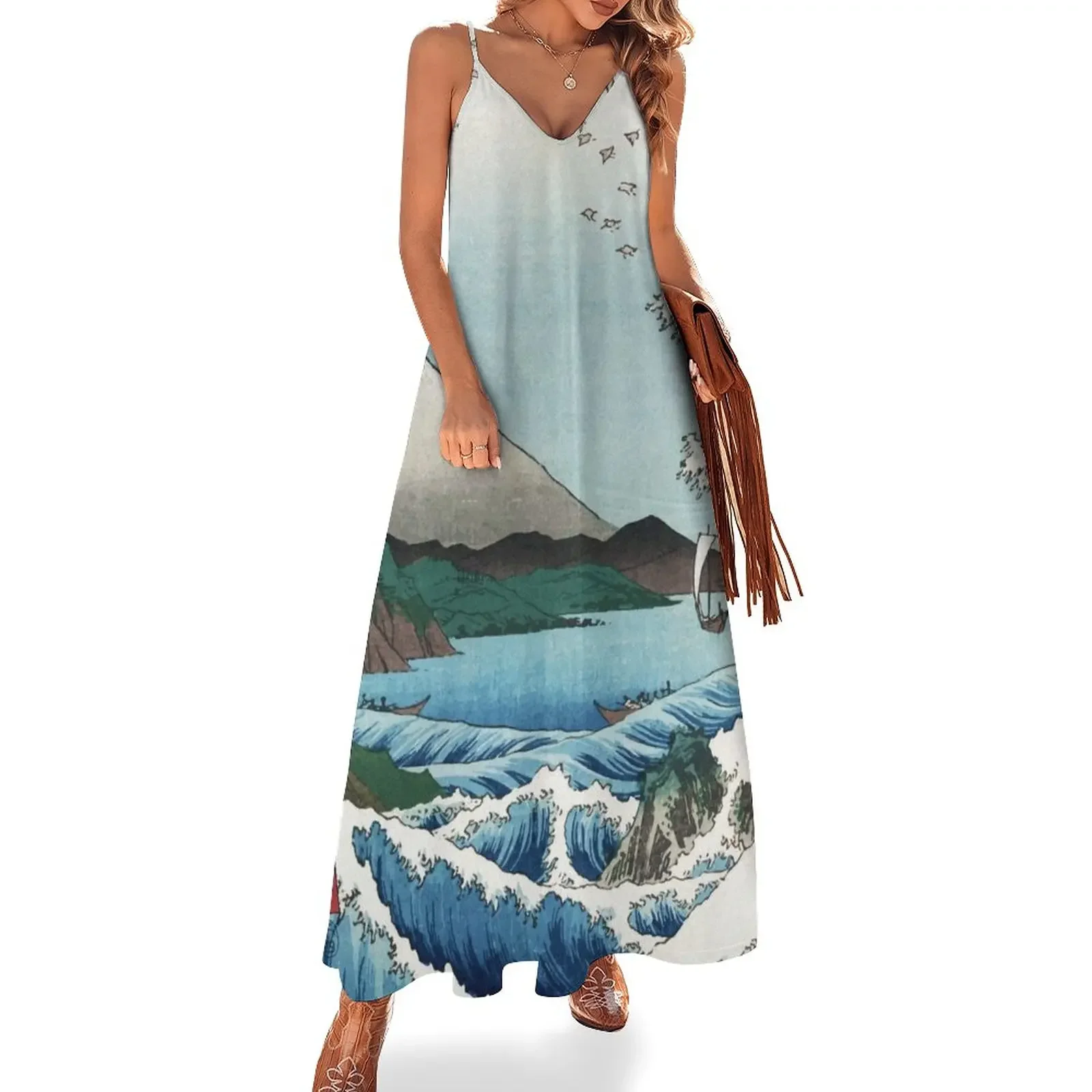 

Hiroshige the Sea off Satta Japan with volcano, crashing waves and fishermen by Japanese ukiyo-e artist nat Sleeveless Dress