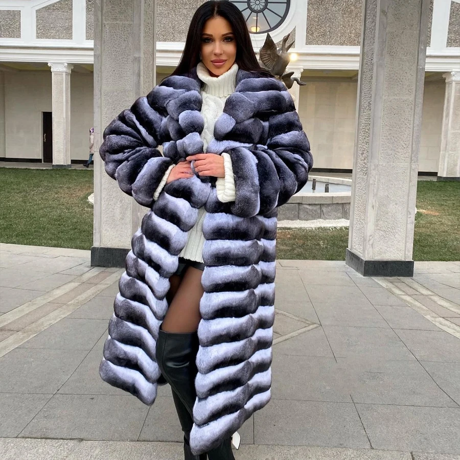 Real Fur Coat Women Rex Rabbit Fur Coat Winter Jacket  Mid-Length Natural Rabbit Fur Coat High Quality Warm