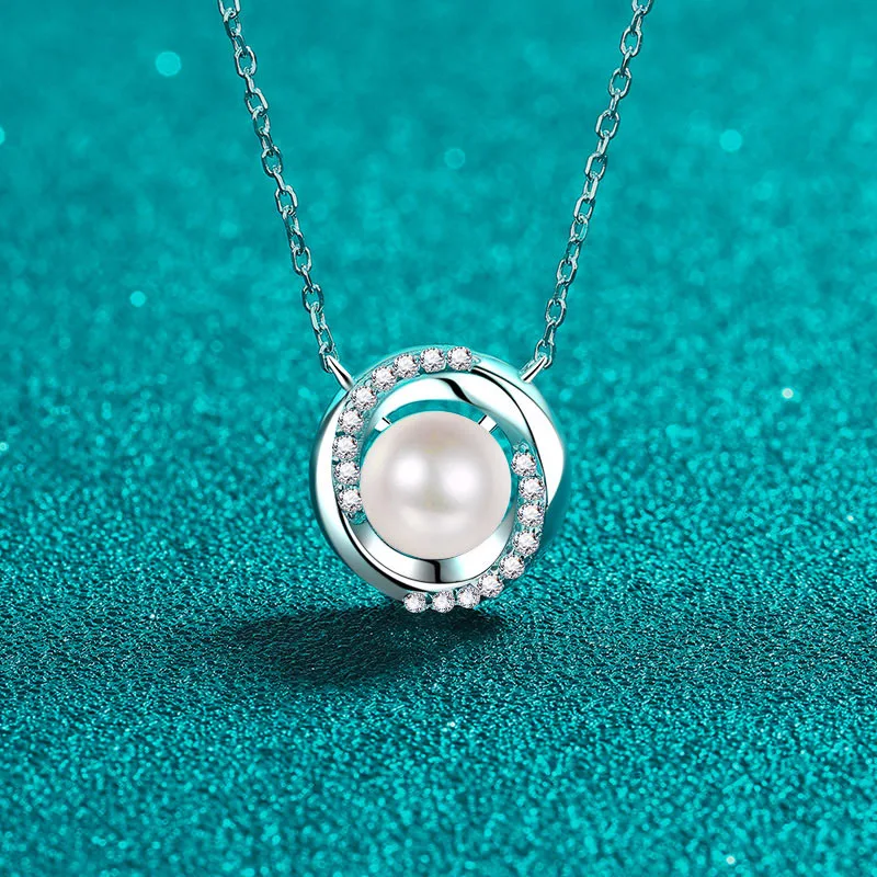 

18k White Gold 0.18ct Moissanite Pearl Necklace Whirlwind Round Pendant Luxury Platinum Pt950 Temperament Niche Collarbone