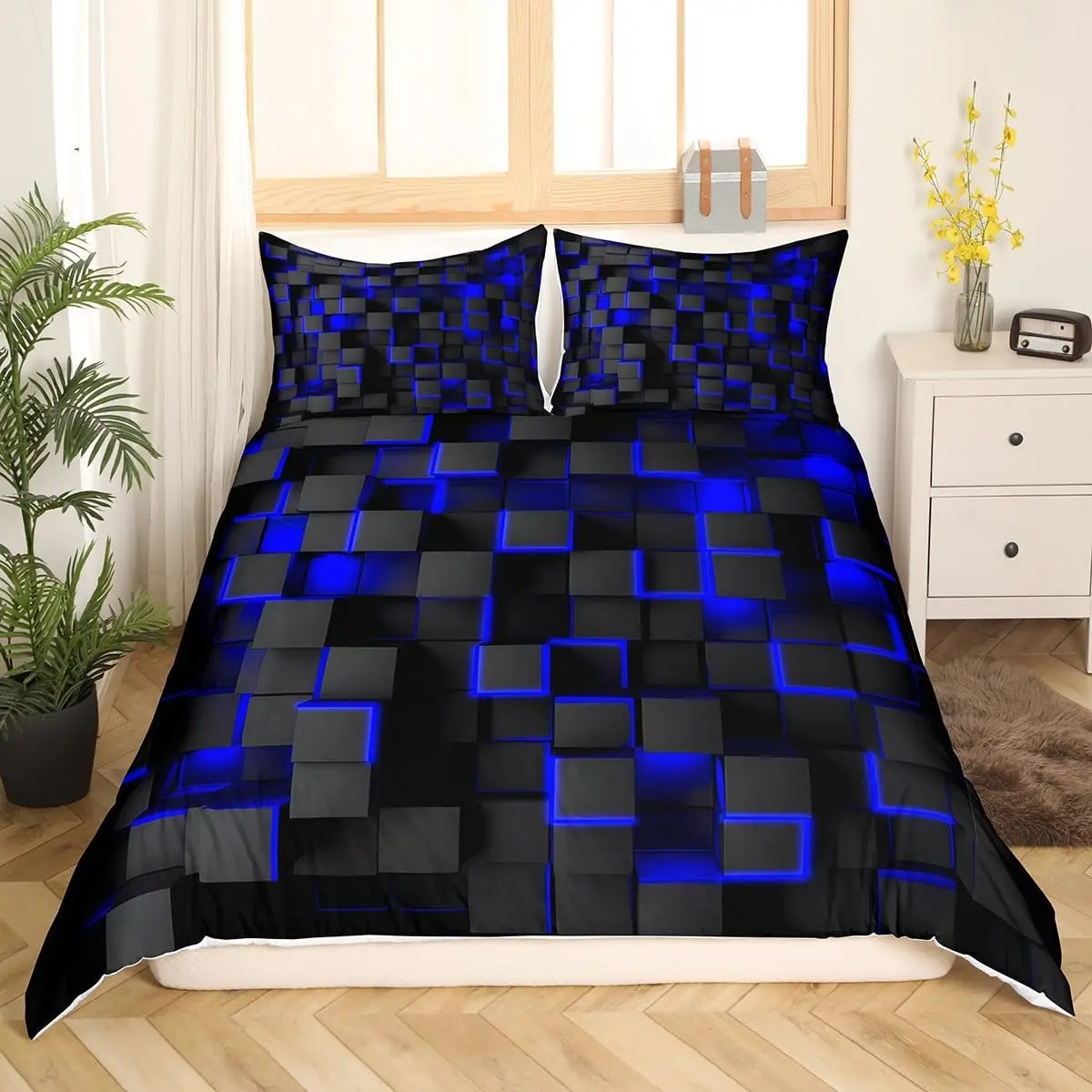 Blue and Black Bedding Duvet Cover Set Light Geometric Bedding Set for Kids Boys Girls Comforter Cover Set Bedspread Cover