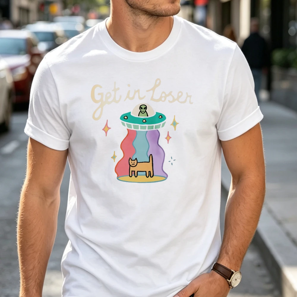 Get In Loser UFO Alien Cat Graphic Tshirt Unisex Funny Meme Tee Y2K Space Kitten Print Short Sleeve Casual Tops Cat Lover Gift