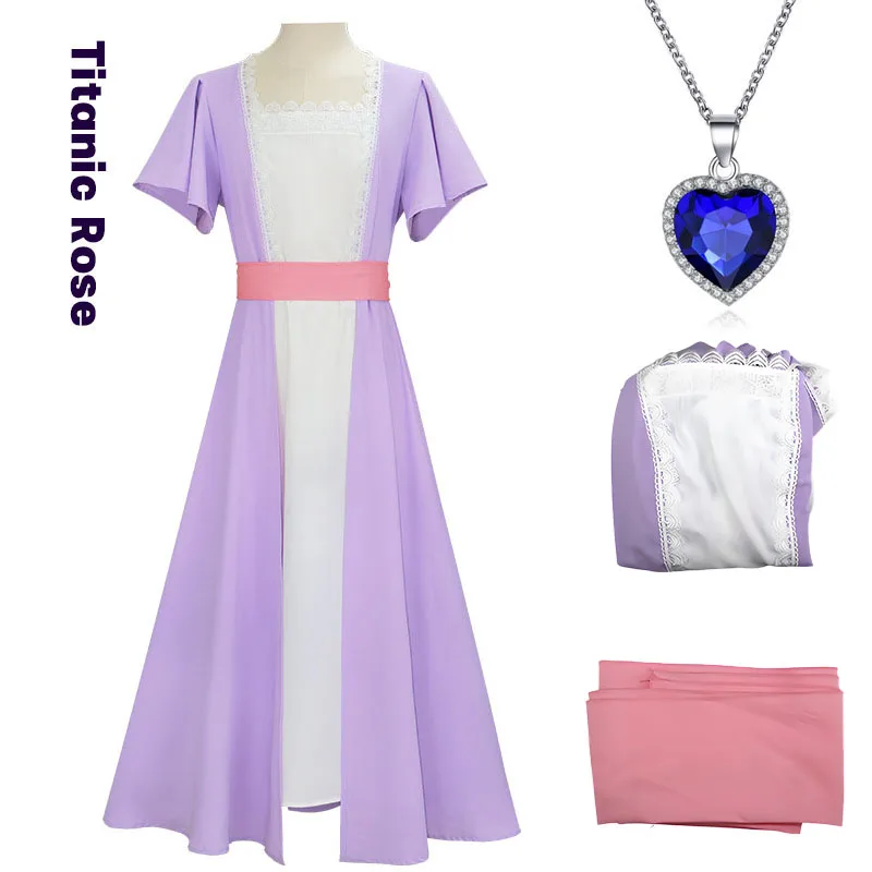 タイタニック号-ローズ-レディース-コスプレ衣装-パープル-ハイウエスト-レトロ-ドレス-ネックレス付き-ハロウィンパーティー-メイクアップボール-衣装