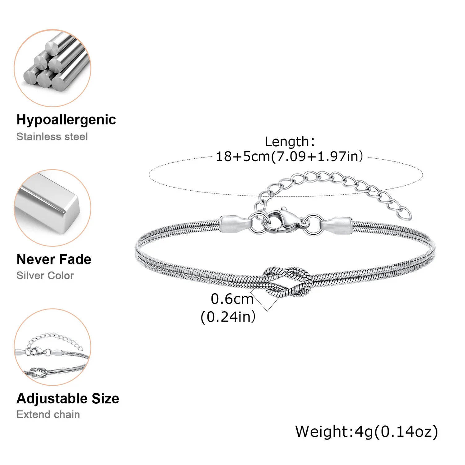 العصرية الحب عقدة أساور للزوجين الرجال النساء، الفولاذ المقاوم للصدأ 2 طبقات ثعبان سلسلة معصمه، هدايا الذكرى عيد الحب #4