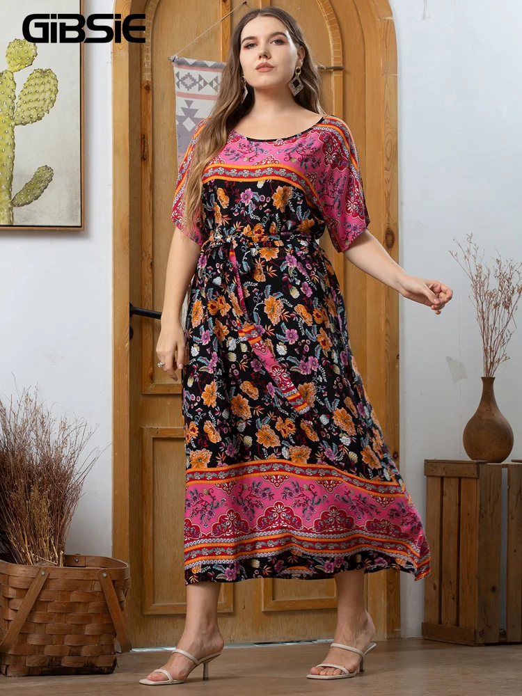 GIBSIE Plus Size Floral Print O-Neck Belted Dress Women Holiday Casual Summer Short Sleeve 3XL 4XL 5XL Boho Maxi Long Dresses