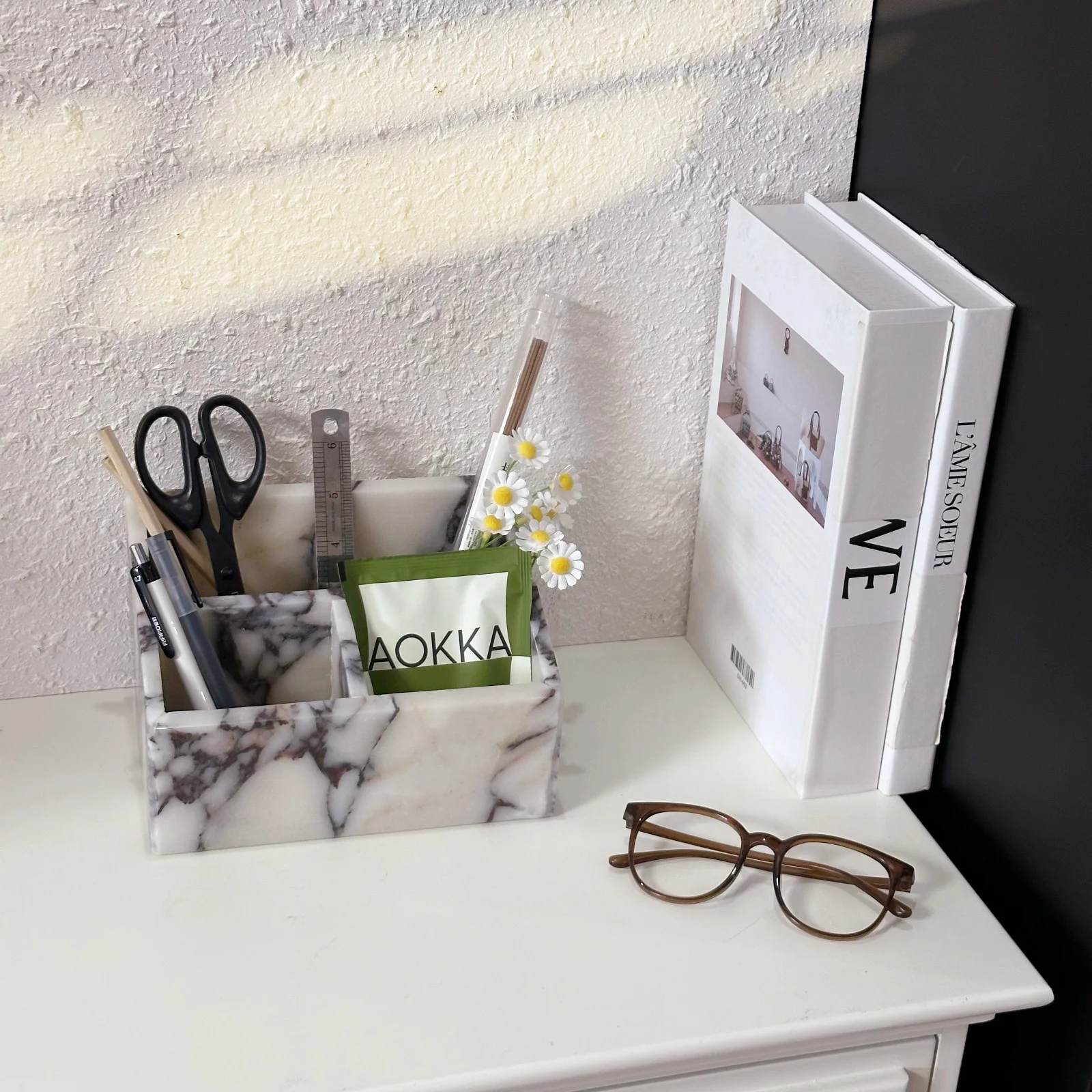 럭셔리 칼라카타 비올라 천연 대리석 데스크탑 정리함, 펜, 메이크업 브러쉬, 보석 정리용 다층 스톤 트레이