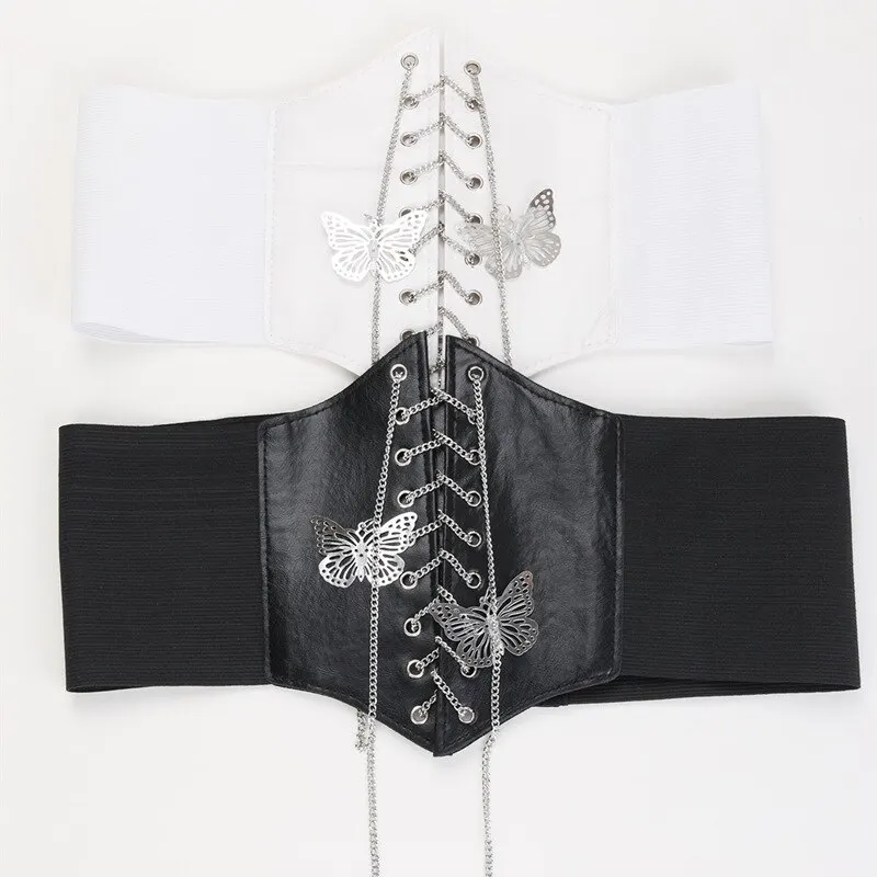 Butterfly Chain Corset Belt for Women Pu Leather Female Corset Gothic Slimming Wide Belts Elastic Belt Harness Accessories Belt