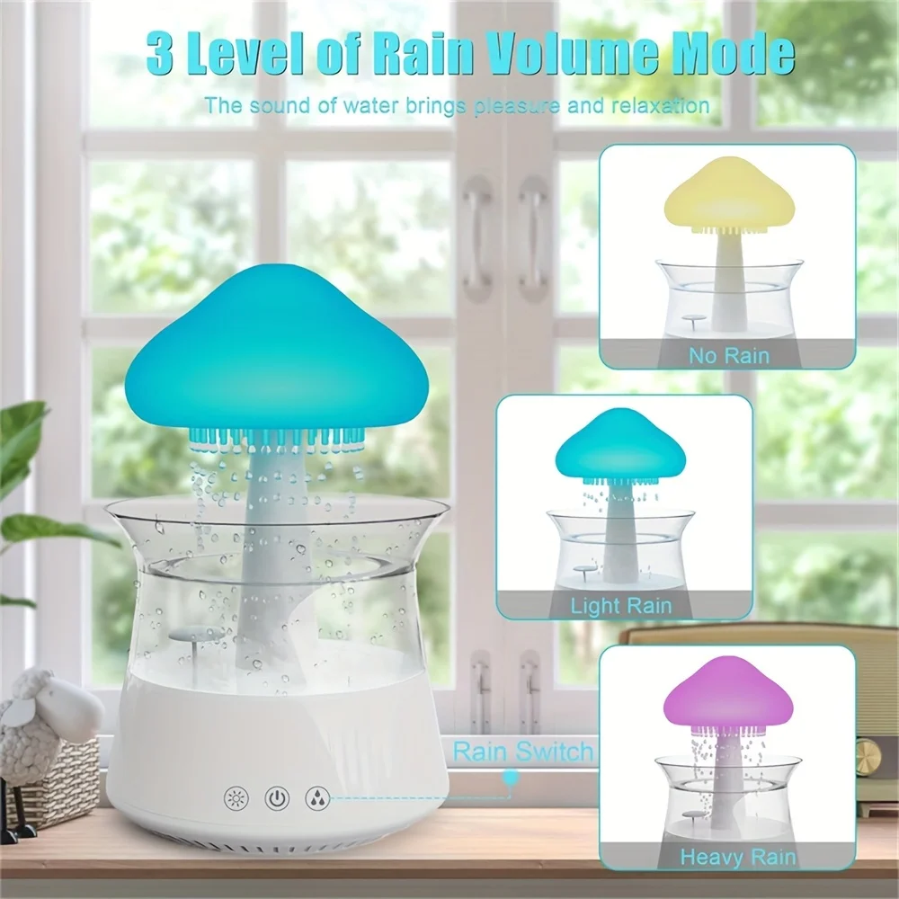 7-Colour Variable Cloud and Rain Humidifier with Remote Control - Vaporizer Humidification, Water Drop, Waterfall Light, Mushroo