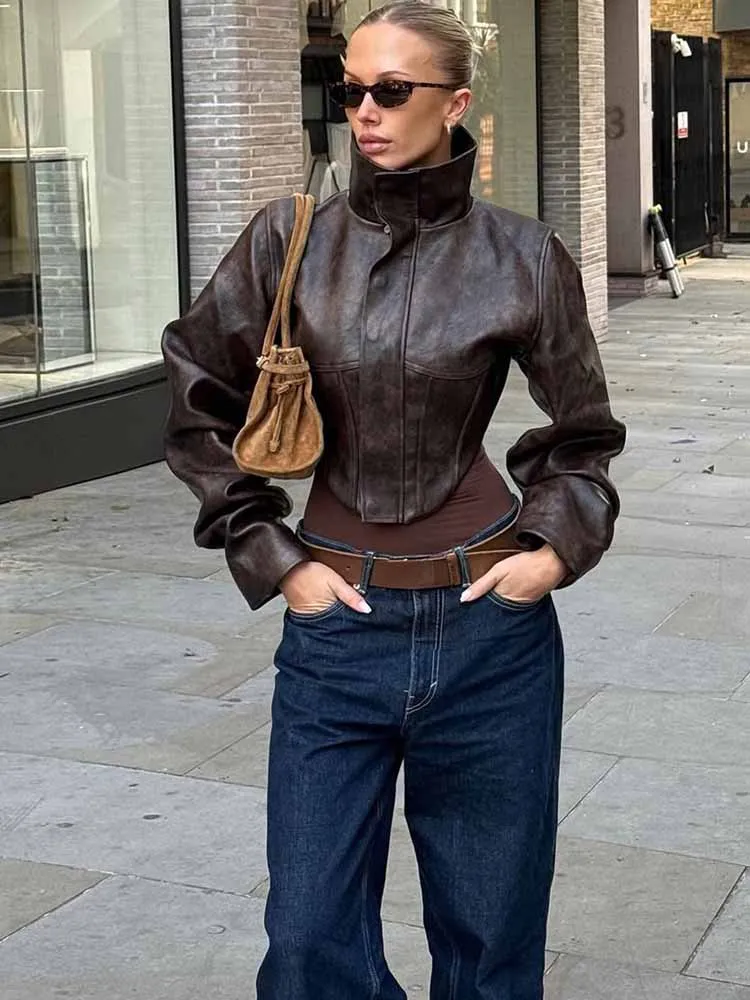 BKQU Vintage Leren Jas Vrouwen Onregelmatige Stand Kraag Rits Afslanken Crop Jas Mode High Street Lady PU Bovenkleding 2025