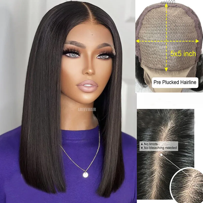 Straight Bob Wig 5x5 Silk Base Closure Human Hair Wigs For Women Malaysian Silk Base Lace Front Wig with Baby Hair