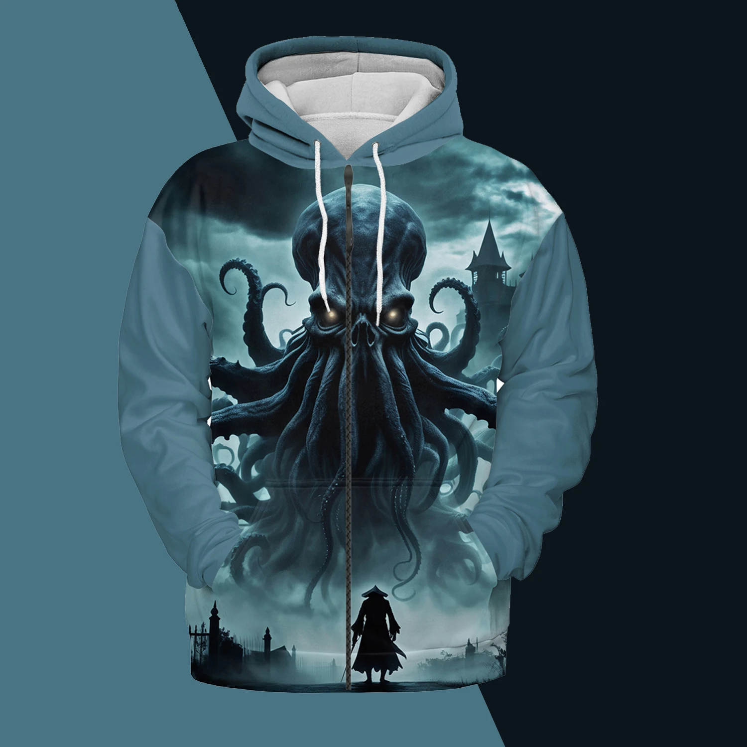 Jumeast God Cthulhu 3D Men Zipper Hoodies Dark Academia Horror Women Hooded Sweatshirts Gothic Green Clothing Halloween Coats