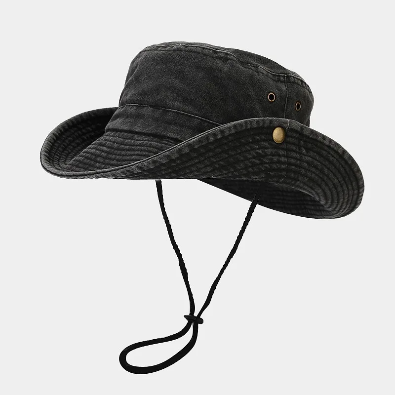 Retro Minimalist Adjustable Fringed Distressed Fishing Hat with Breathable Mesh and Rope Strap for Casual Sun Protection