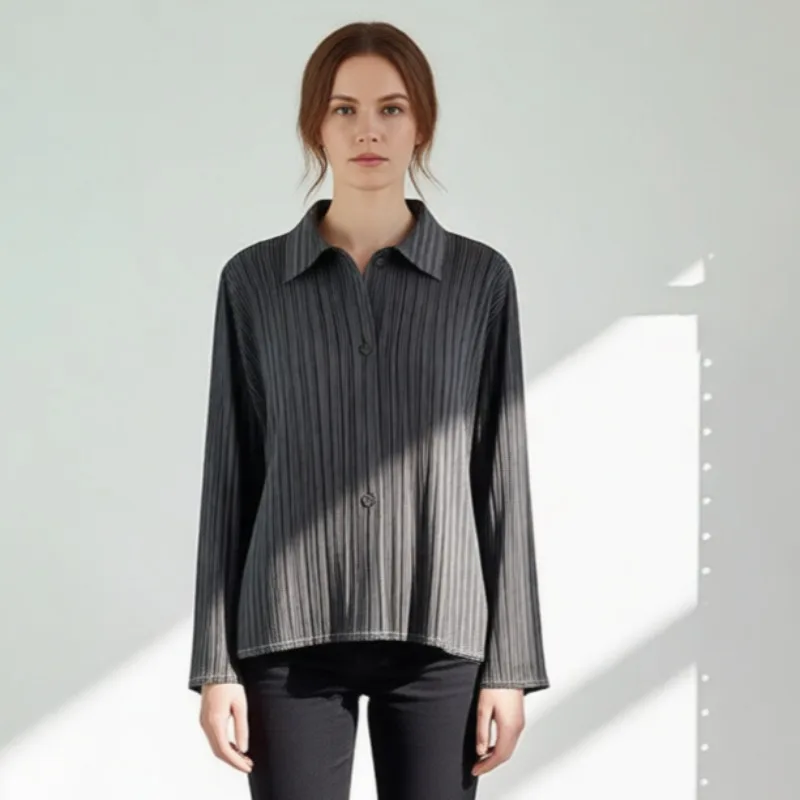 Miyake Japan Plissee-Shirt für Damen, 2026, neues Revers, einreihig, einfarbig, langärmelig, vielseitige Oberteile, Außenjacke, Kleidung