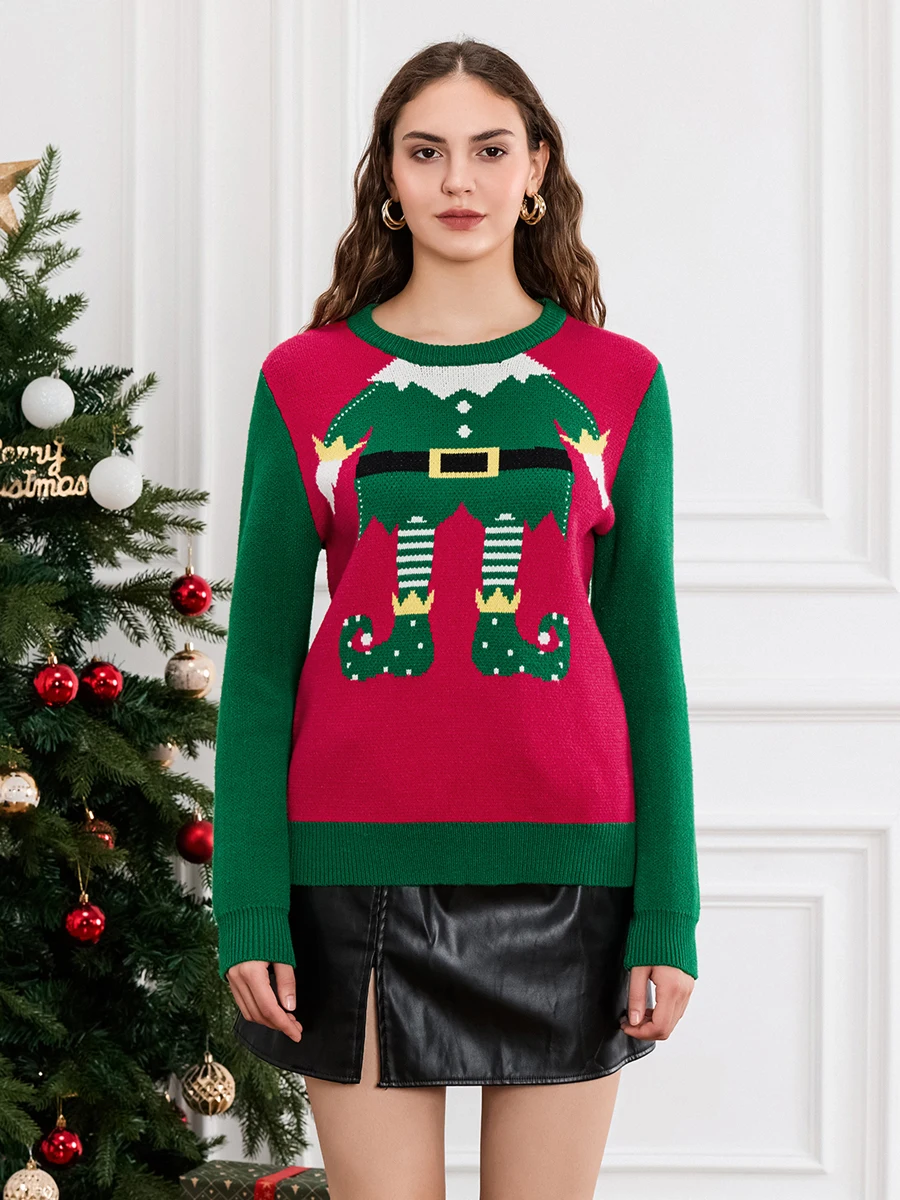 Women Cute Christmas Sweaters Casual Trendy Elf Legs Print Crew Neck Warm Pullover Basic Knitwear for Fall Streetwear