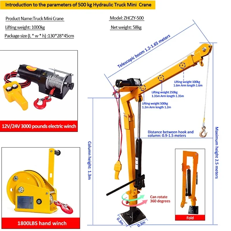 truck cranes portable electric hoist remote control mobile Jib mounted pickup arm lift small mini crane 500kg