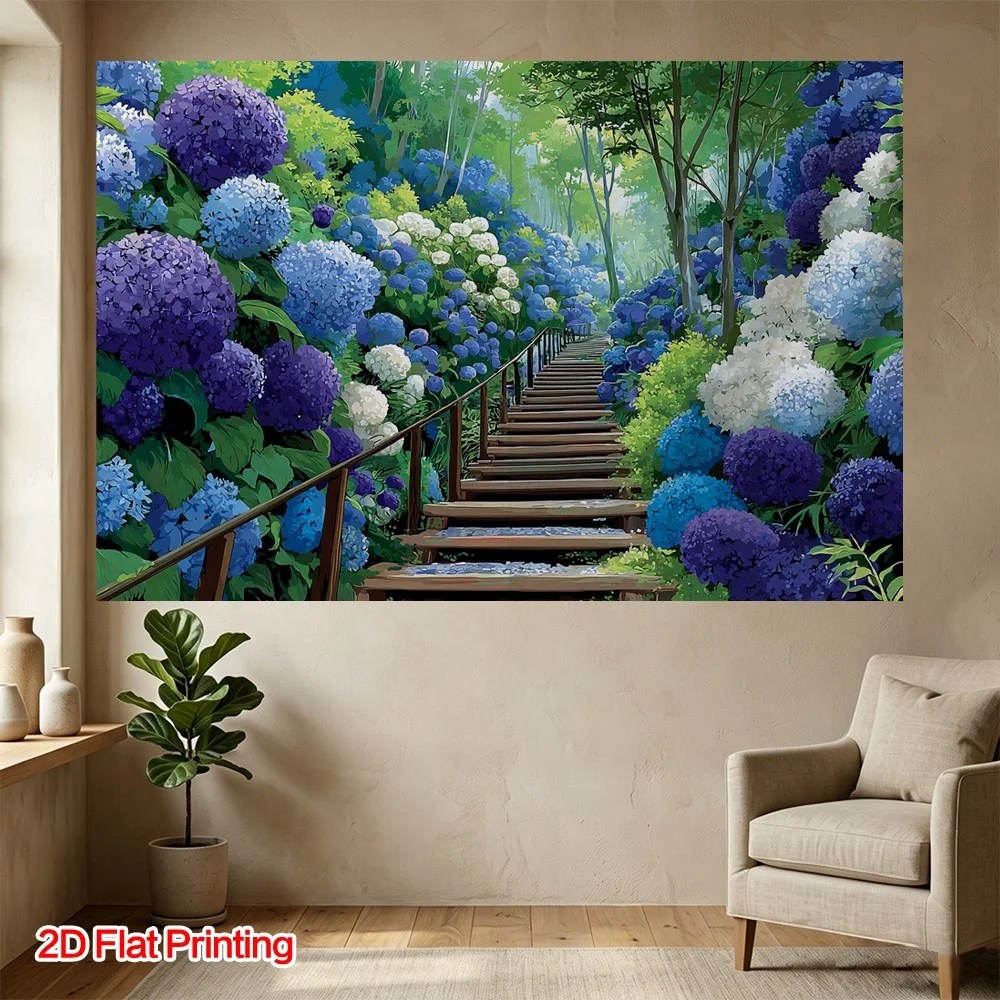 Premium Blue Hydrangea Flower Garden Tapestry Mural Wall Art Print Nature Backdrop Home Decor Rustic Cottagecore Living Room Dec