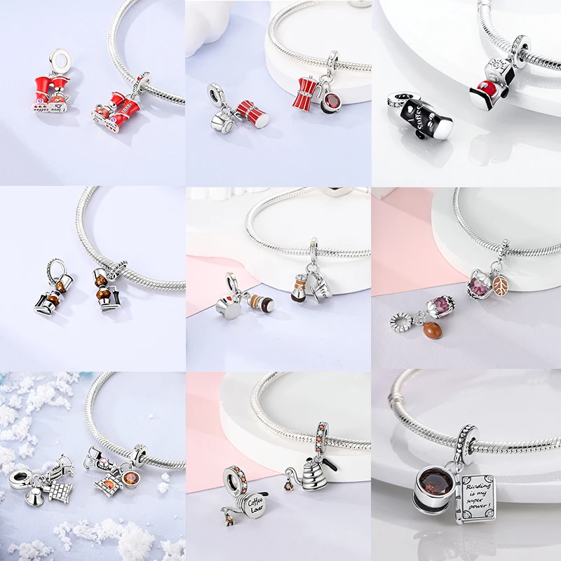 Heißer Kaffeetasse 925 Sterling Silber Bunte Weinflasche Weinglas Charm Anhänger Original Passend Für Frauen DIY Schmuck Mädchen Charms – Detail 2