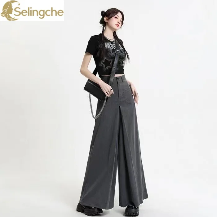 Spring Summer New Grey Suit Pants for Women's High End Hanging Swinging Pants Casual Pants High Waist Wide Leg Trouser Skirt