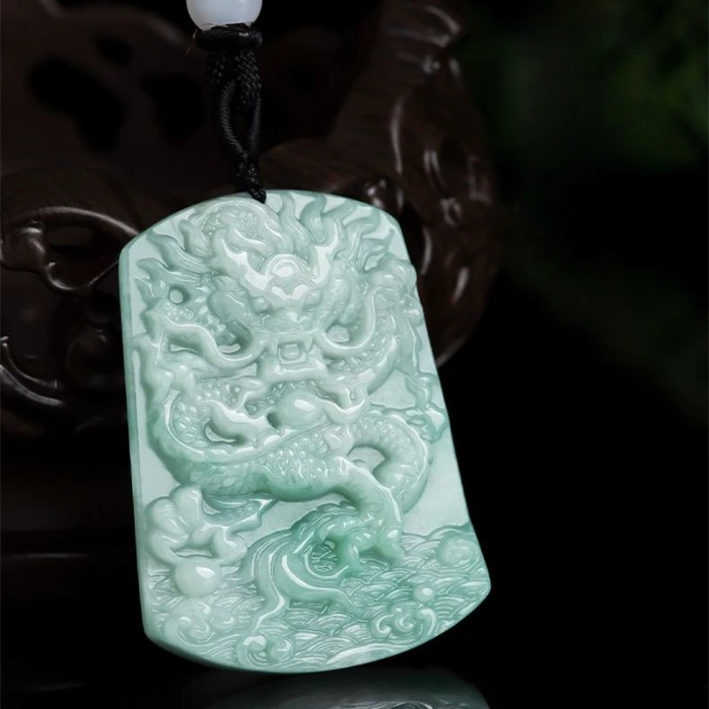 Natural Myanmar A Cargo Jade Zodiac Dragon Bean Green Pendant Men's Carved Dragon World Pendant