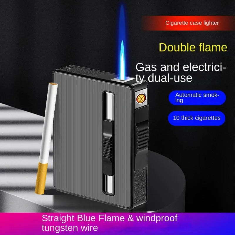 Portable Waterproof and Moisture-Proof Automatic Cigarette Case Lighter, Gas-Electric Dual-Use, Anti-Pressure, 10-Pack, New