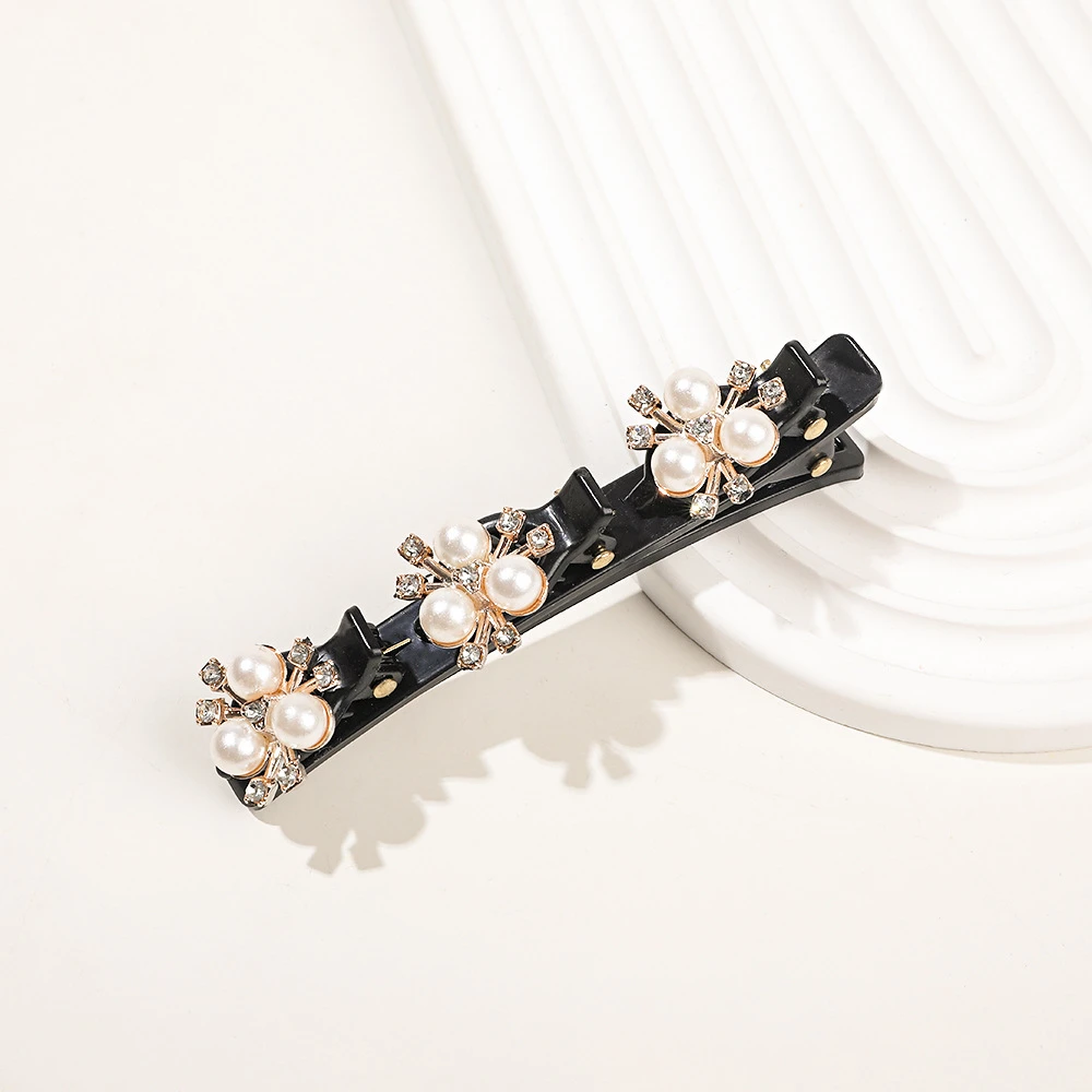 Double Layer Braided Hairclip Vintage Rhinestone Faux Pearl BlackHairpin Barrette Elegant Hair Accessories