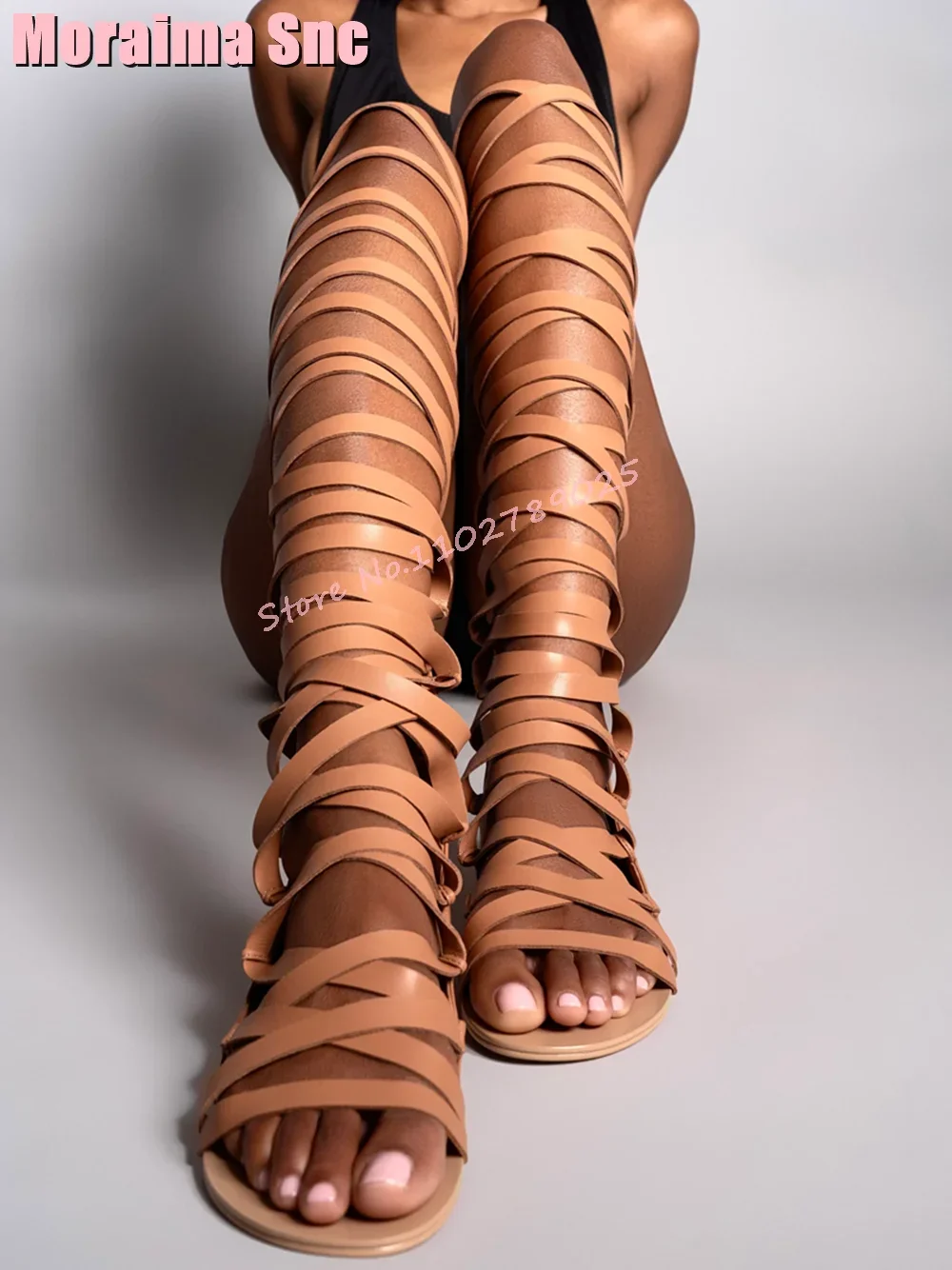 2024 Summer New Knee High Leather Sandal Boots Women Sexy Greek Flat Rear Thin Straps Xena Gladiator Zipper Straps Roman Strappy