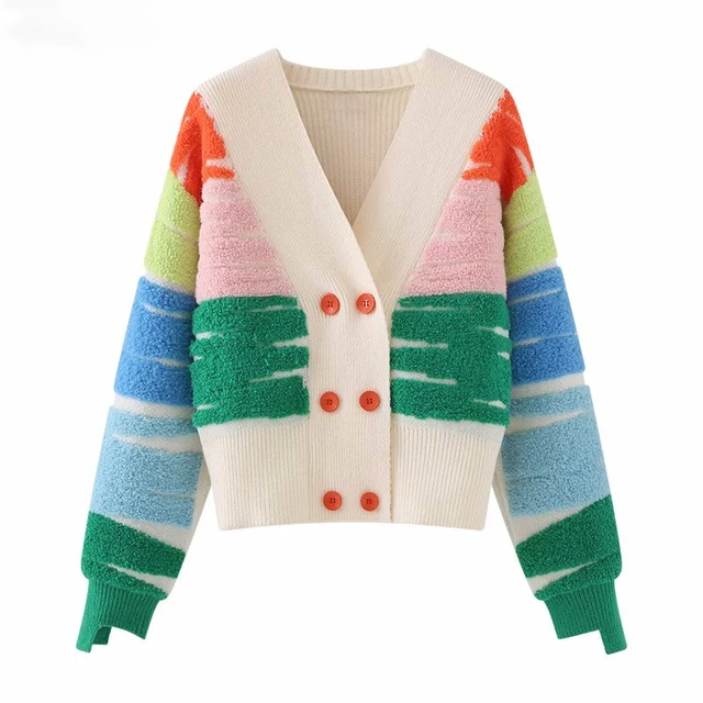 Long Sleeve Loose Stylish Tops Coat Autumn Winter 2024 Rainbow Striped Knit Sweater Cardigan Women Double-breasted V-neck Jacket