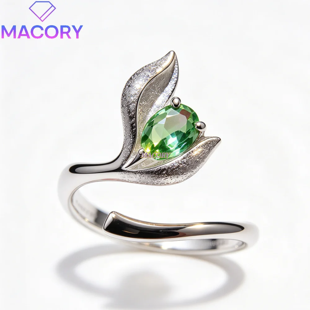 S925 Sterling Silver Natural Tsavorite Ring for Women Tulip Flower Open Adjustable Ring Oval Gemstone Fine Jewelry Wedding Gift