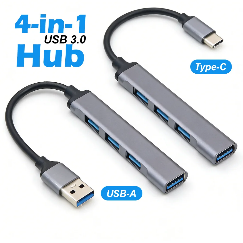 

4-in-1 USB 3.0 Hub, USB‑C/USB‑A to 4-Port USB Adapter, 5Gbps High Speed, Aluminum Alloy, Portable for Laptop PC
