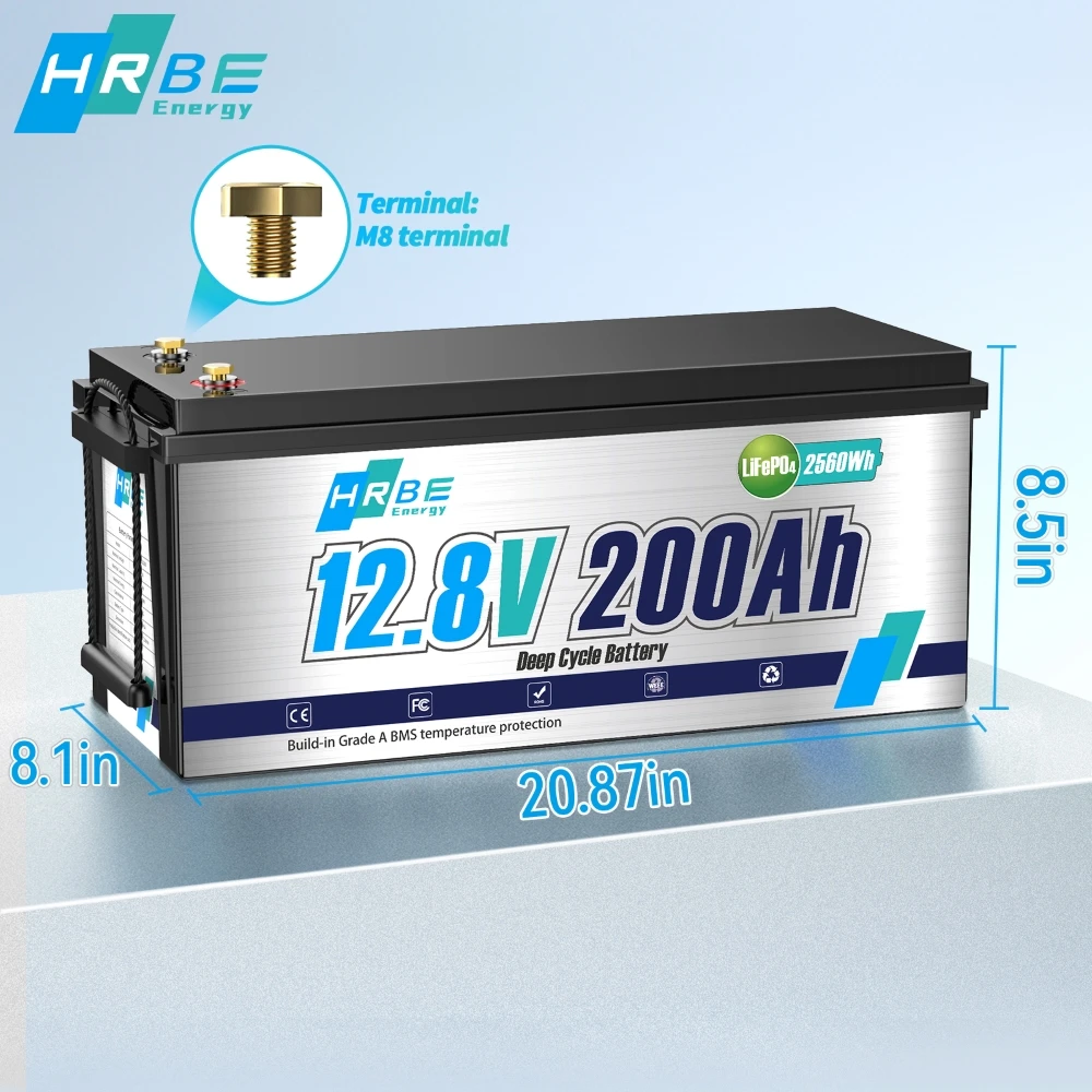 12V 200Ah LiFePO4 Lithium Battery with 2560Wh Energy Max With BMS 6000+ Cycles,for RV Solar Energy Storage Marine Trolling Motor