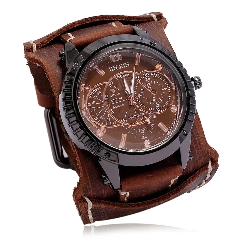 2024 New Fashion Men's Watches Luxury Big Dial Quartz Lovers Watch Wide Genuine Leather Punk Bracelet Sport Wristwatch Men Gift