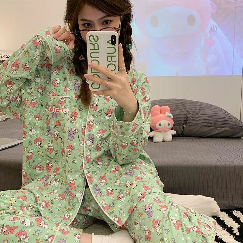 

Женский пижамный костюм с рисунком мелодии Sanrio, аниме Kuromi Cinnamoroll, одежда для сна, топы, брюки, женская одежда для дома, домашняя одежда для сна, подарки
