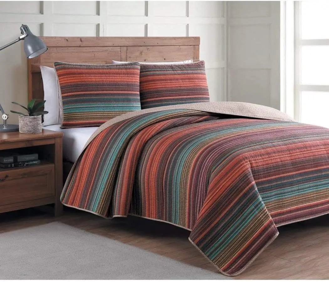 

Summer Lightweight Striped Bedding, Jewel Colors Red Purple Green Orange Brown Teal Yellow, India Pattern, Reversible Polyester