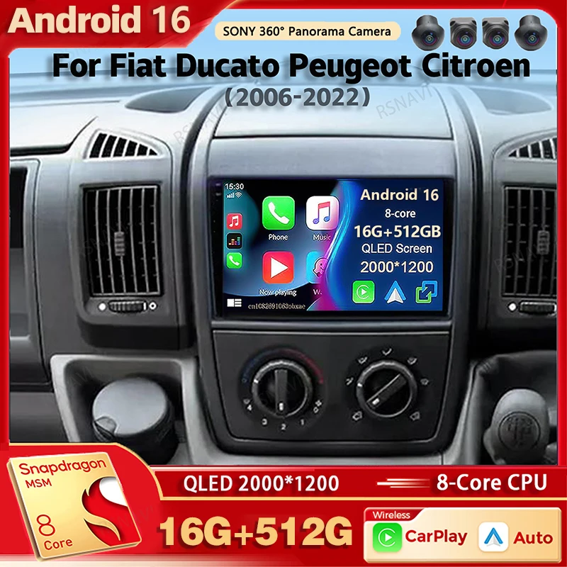 Autoradio multimédia Android 16 pour Fiat Ducato Peugeot Boxer Citroën Jumper 2 2006-2022, Carplay, stéréo DSP, commande vocale AI