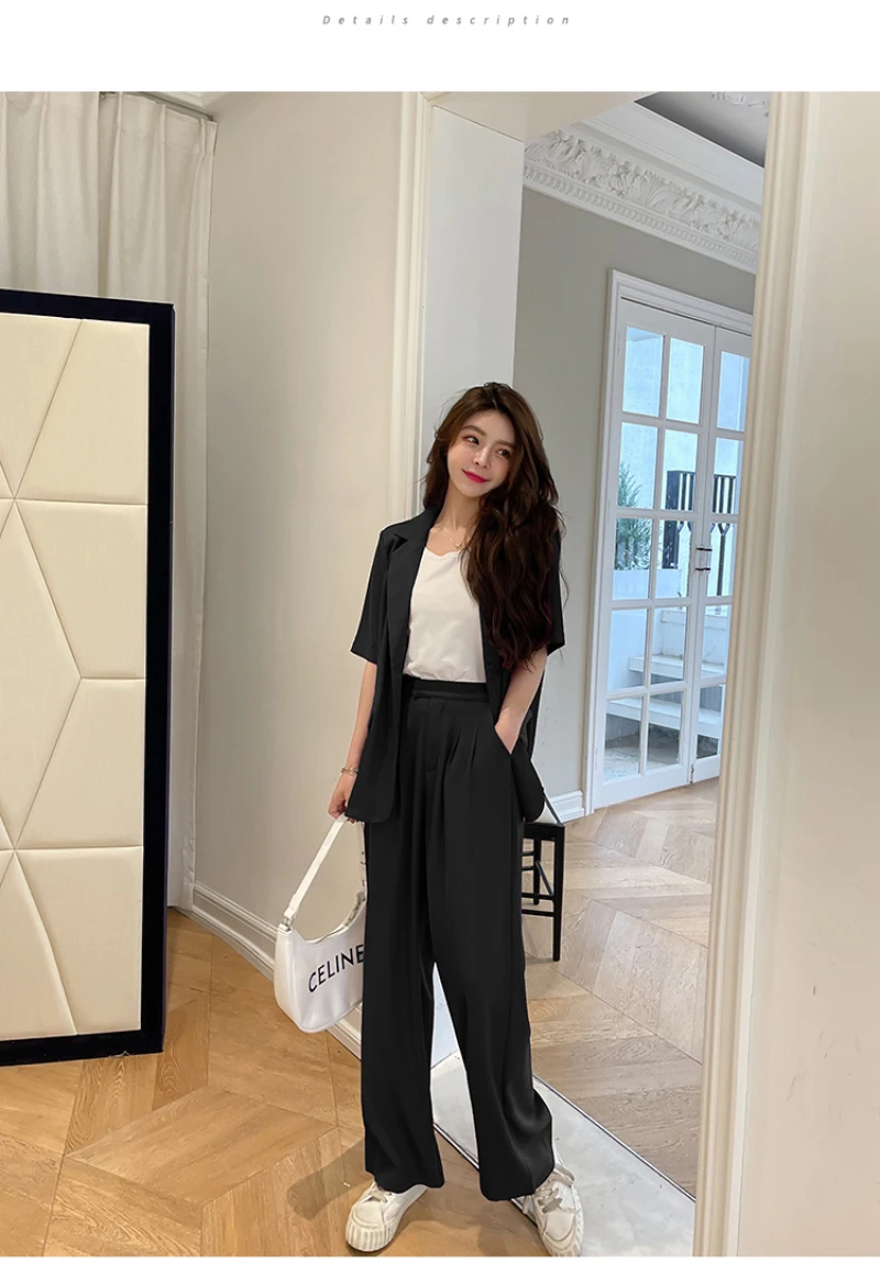 Summer Casual Women\'s Short-sleeved Blazer & Wide Leg Pants Women\'s Office Women\'s Suit Korean Version 2 Piece Sets Women Outfit