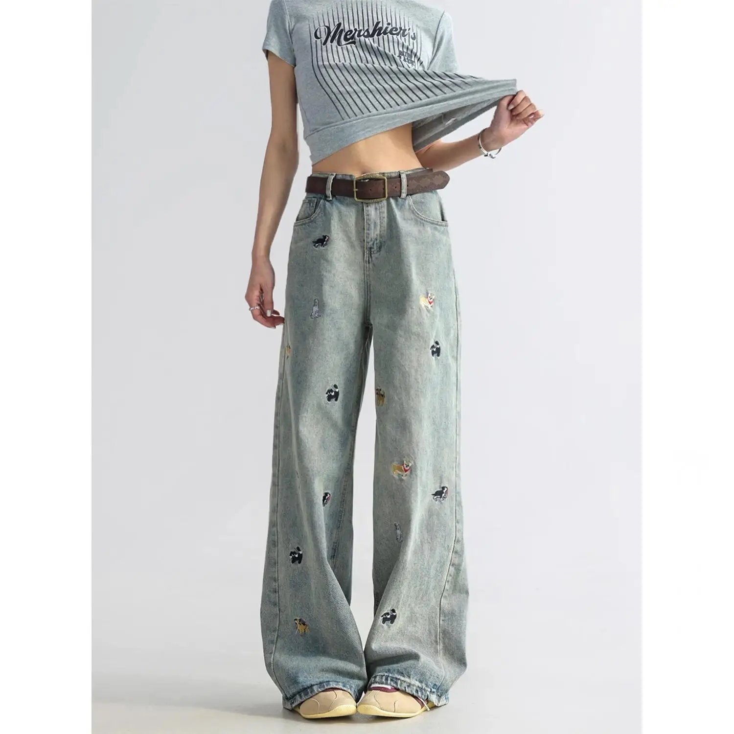 

Pants Denim Pant Men Jeans Puppy Embroidery Vintage Loose Elastic Waist Straight Trousers Y2k Streetwear Work Casual Summer 2026