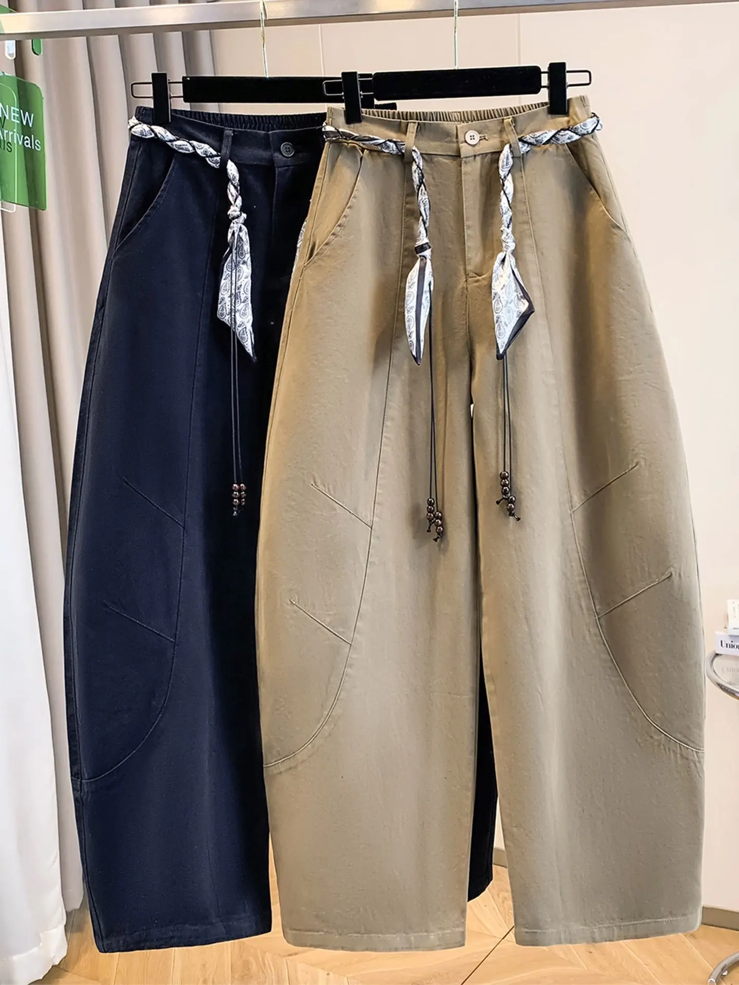 

Ele High Waist Banana Pants Women's plus Size Casual Loose Fit Cotton Blend Scarf Belted Knife ape Trousers