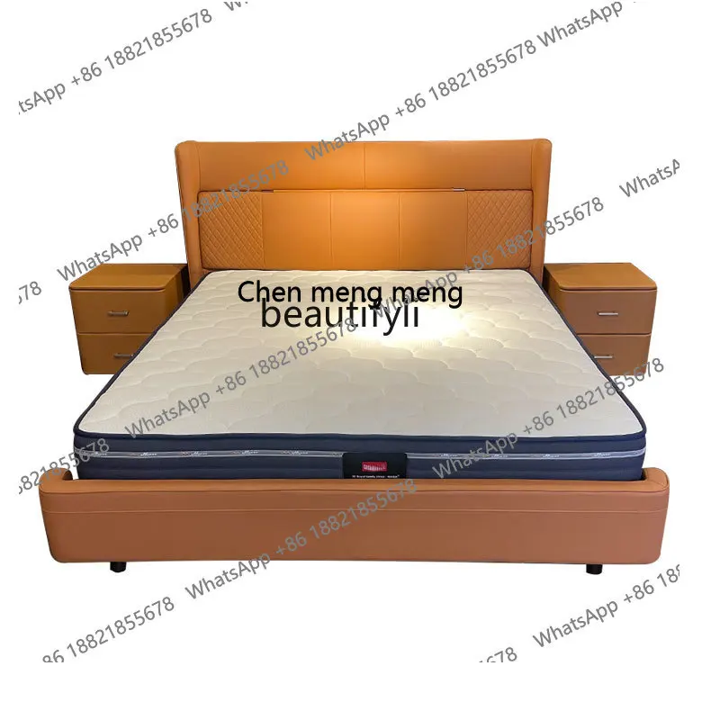 Leather Bed Marriage Bed Master Bedroom Double Bed First Layer Cowhide Simple Italian Designer Model