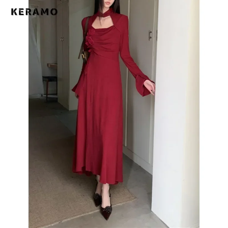 Vintage seksowne z długim rękawem kwiatowe aplikacje Slim Fit sukienki Midi 2023 wiosna damski elegancki kwadratowy kołnierzyk czerwona sukienka trapezowa