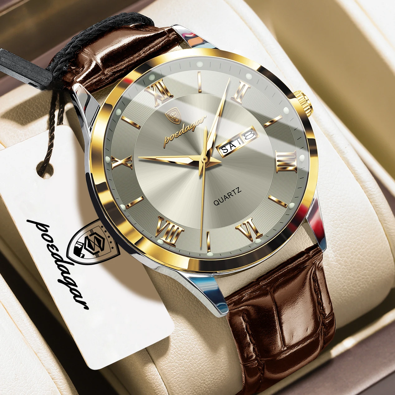 POEDAGAR Original Fashion Men's Watches Leather Date Week High Quality Quartz Men Wristwatch Waterproof Luminous Business Watches For Man Male Reloj image 2