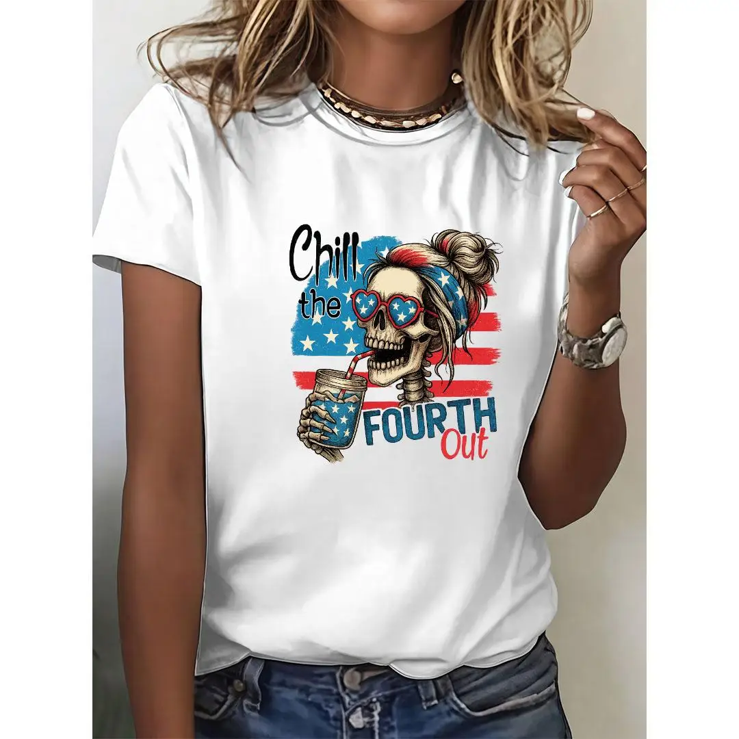 

Chill the Fourth Out Graphic T-Shirt Women’s Patriotic Skull Print Cotton Tee for Independence Day, Summer Party or BBQ Outfit